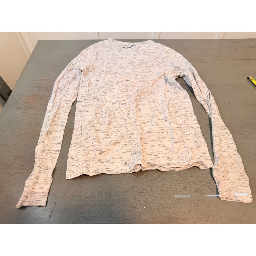 Aeropostale Mens Space Dye Long Sleeve T-Shirt White Grey Heathered Crew Neck M